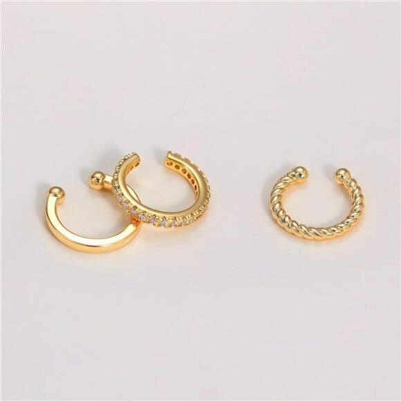 Gold Ear Cuff Earrings Set 3 Piece Non Pierced Cartilage Hypoallergenic CZ - Picture 6 of 7